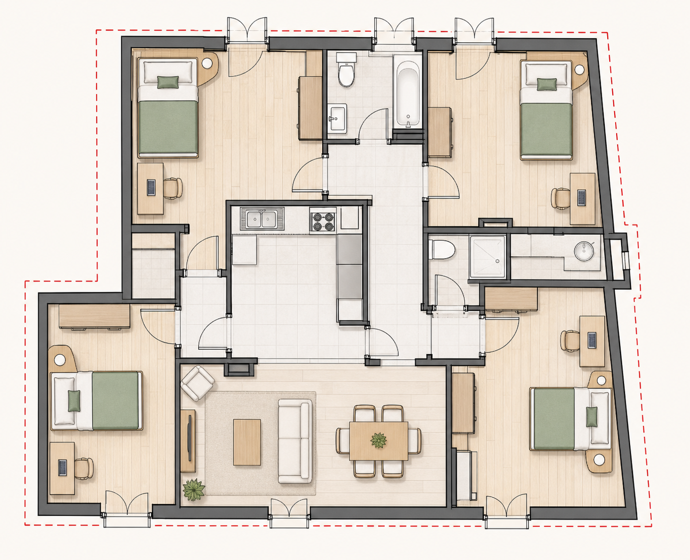 Plan d’une colocation avec quatre chambres